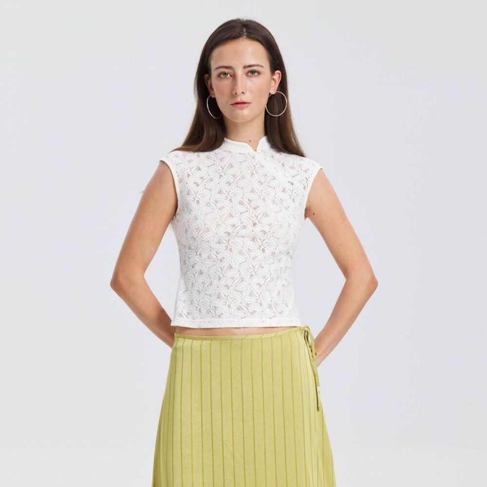 Women's Mini Cap Sleeve Mandarin Collar Lace Top - A New Day Cream M